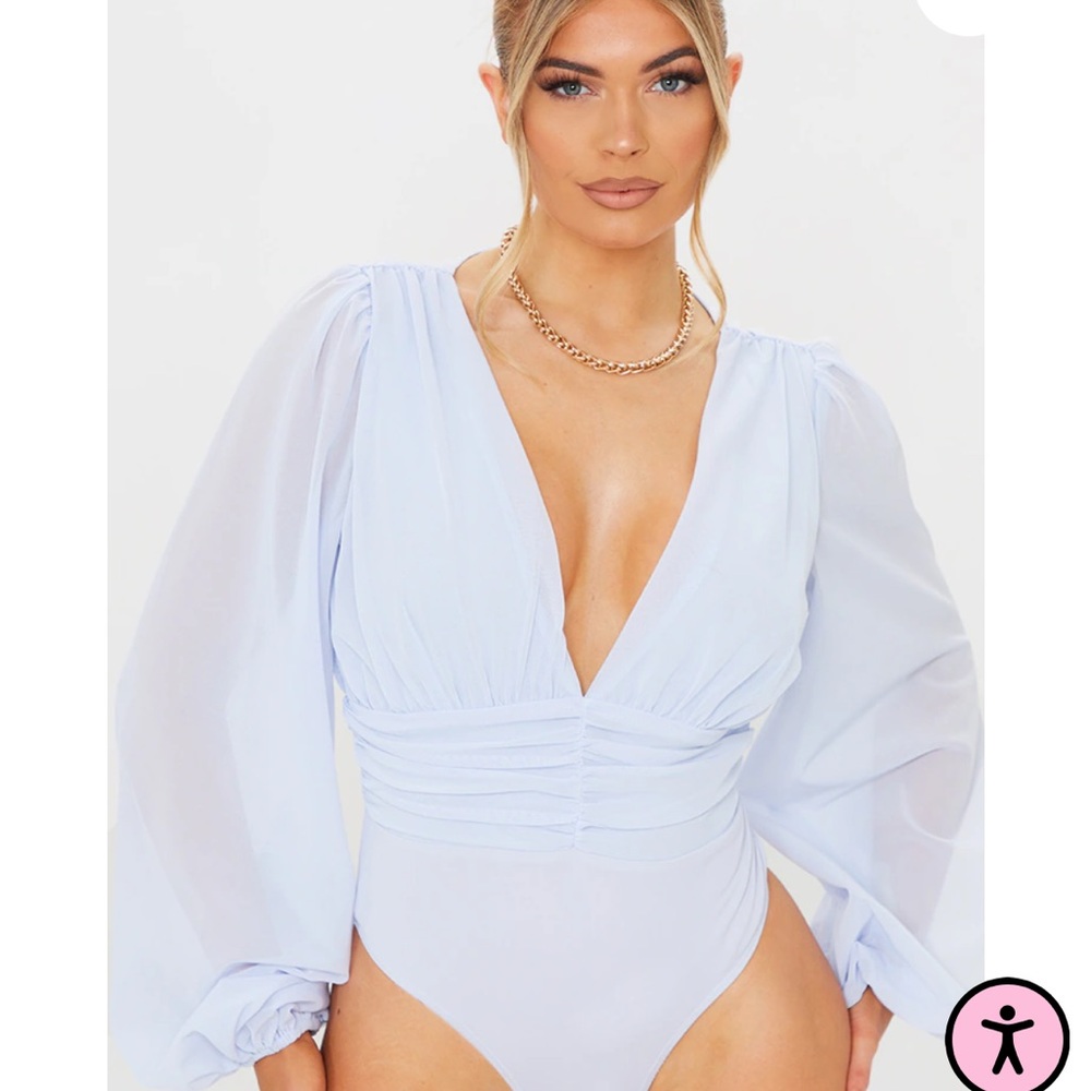 NWT PrettyLittleThing Light Blue Mesh Ruched Waistband Bodysuit in Medium